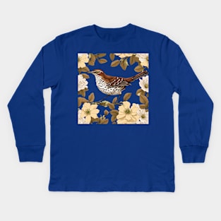 A Brown Thrasher Bird Surrounded By Rose Flowers Kids Long Sleeve T-Shirt